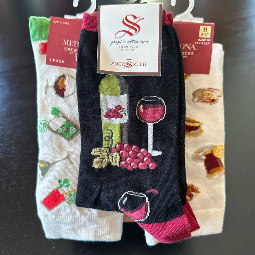 Coffee and Wine Graphic Cotton Crew Socks Set